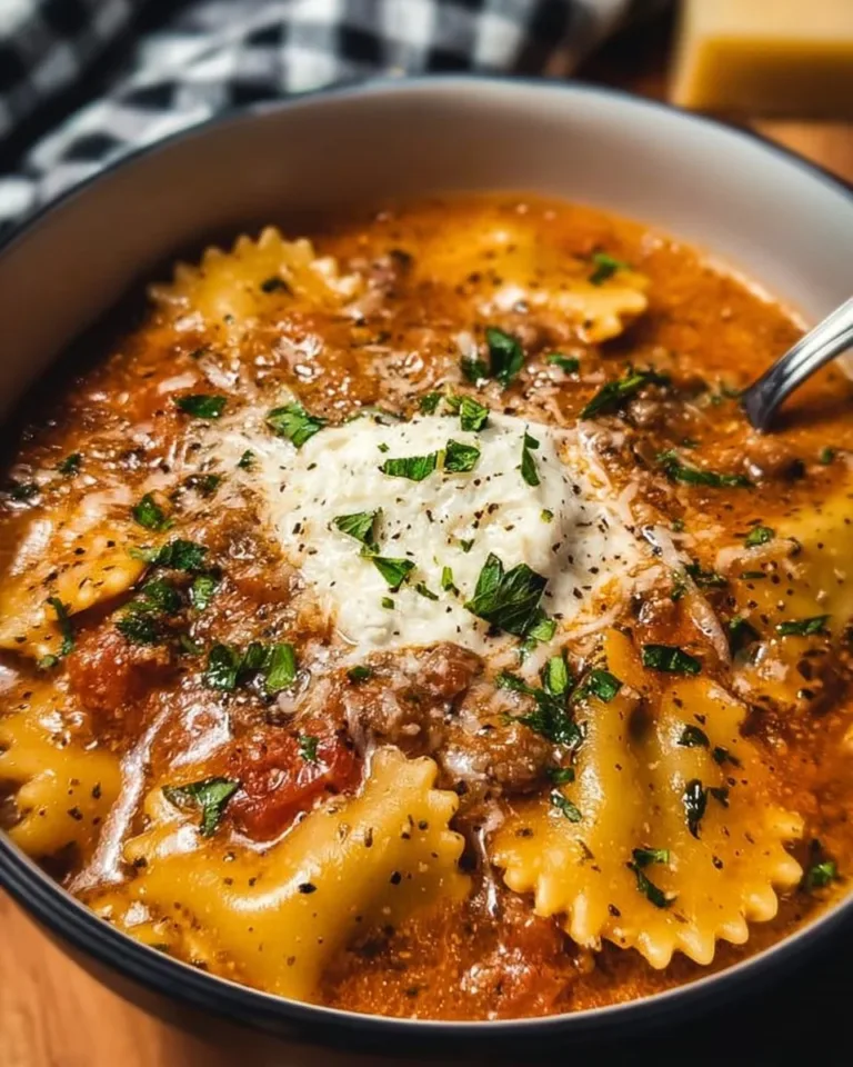 Bowl of creamy lasagna soup topped with cheese and herbs