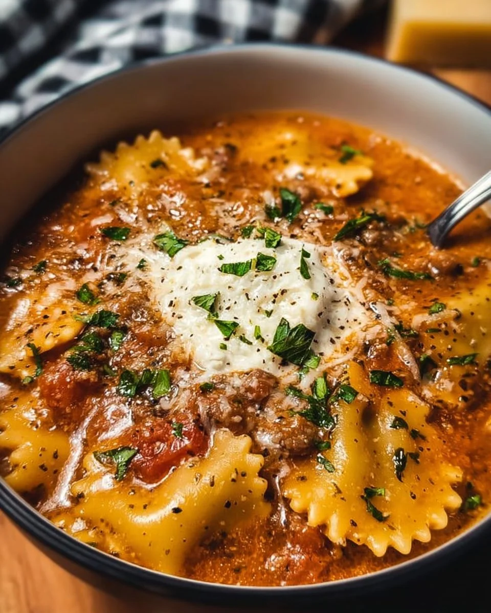 Bowl of creamy lasagna soup topped with cheese and herbs