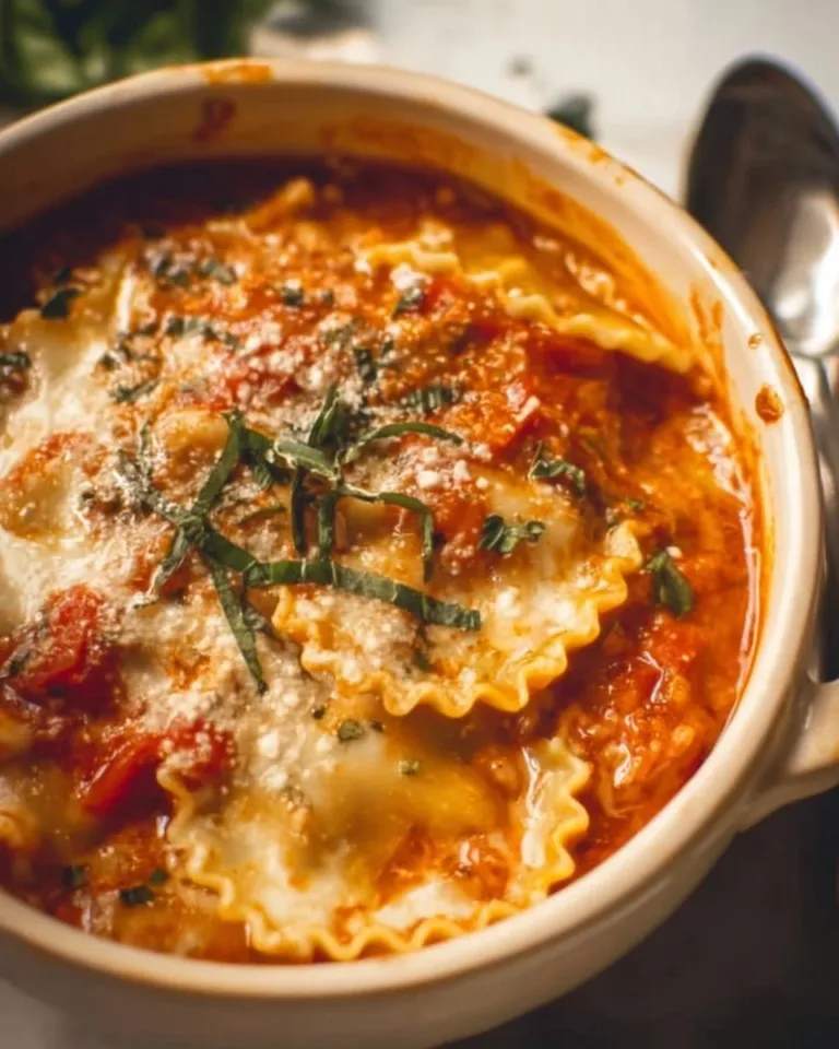 Bowl of easy creamy lasagna soup garnished with melted cheese and basil.