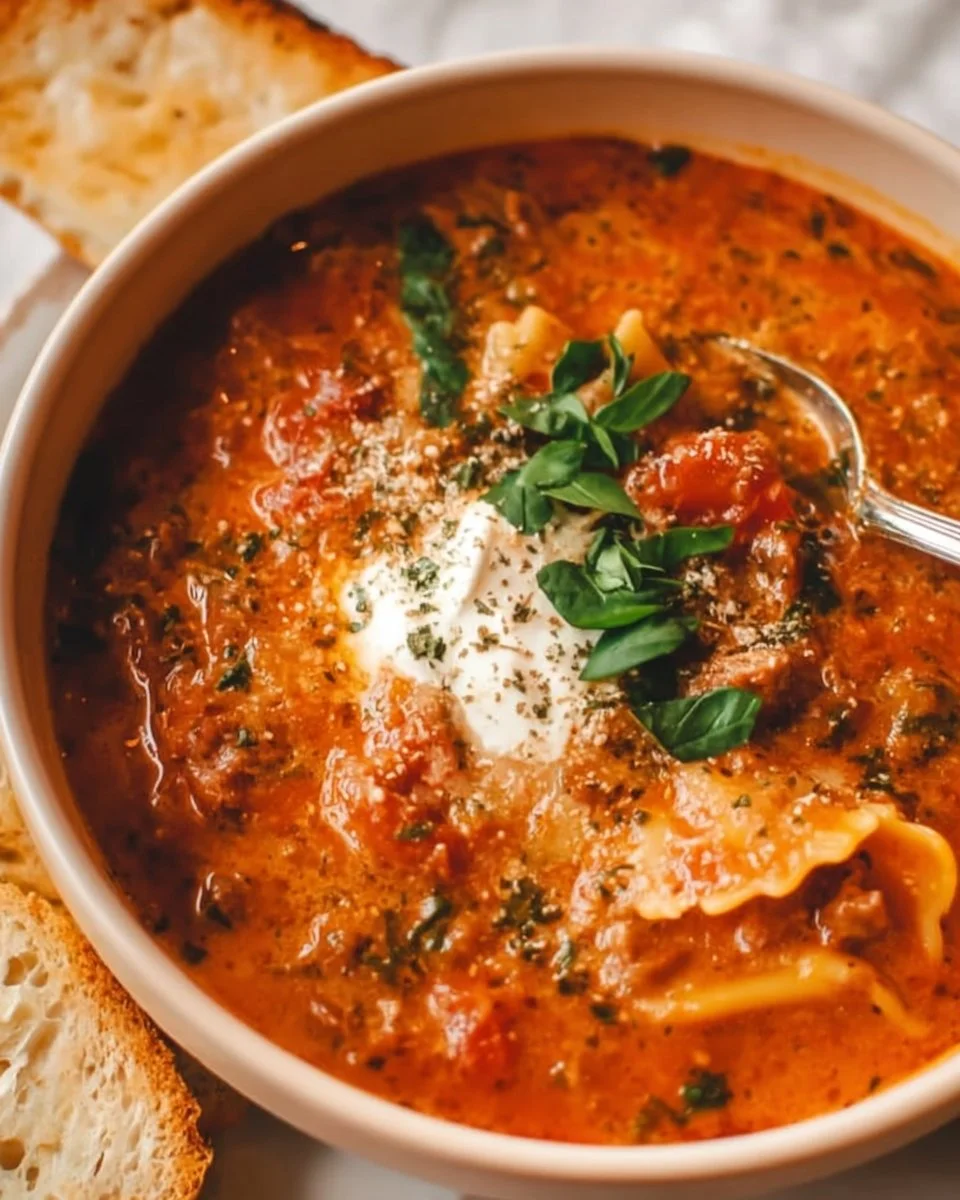 Bowl of easy creamy lasagna soup garnished with fresh herbs and cheese