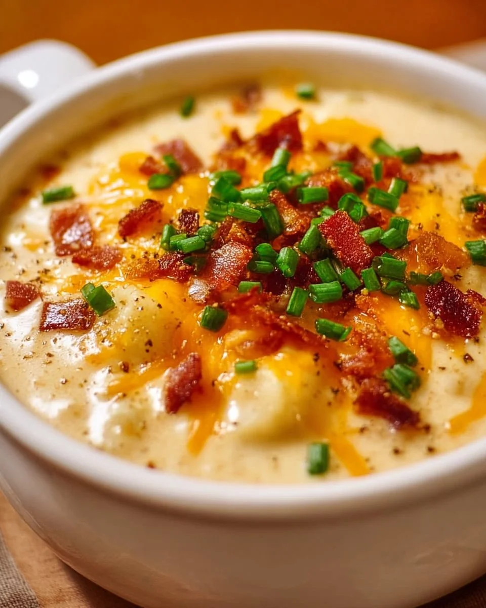 Bowl of easy crock pot cheesy potato soup topped with cheese and green onions.