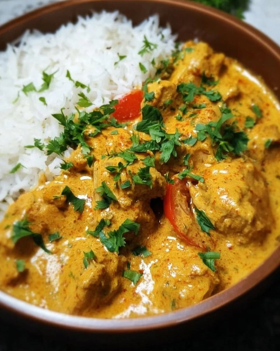Bowl of easy and healthy coconut chicken curry garnished with cilantro