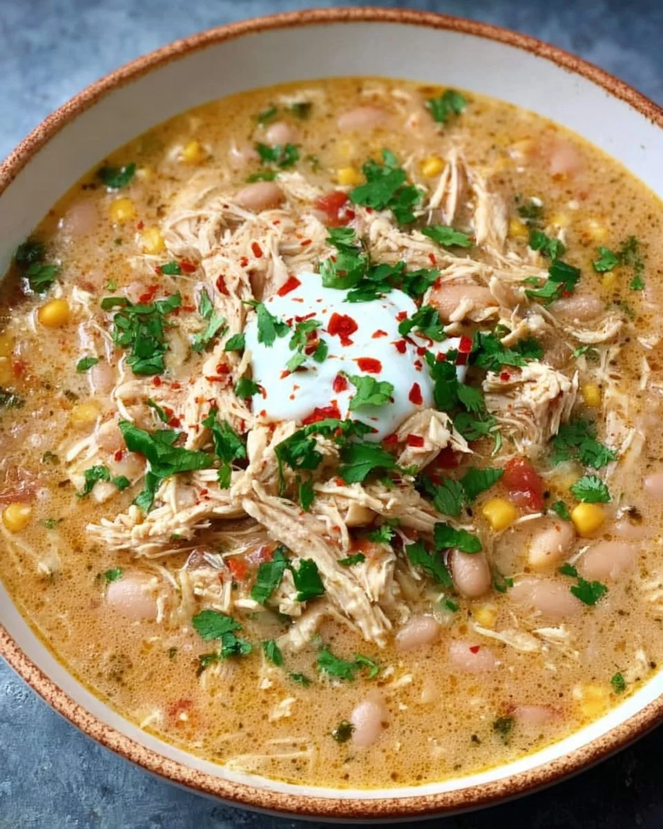 Bowl of creamy white chicken chili made in an Instant Pot