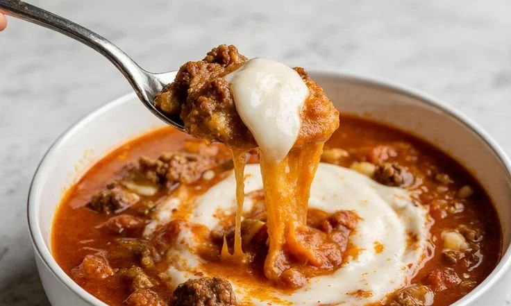 Bowl of easy lasagna soup topped with cheese and herbs