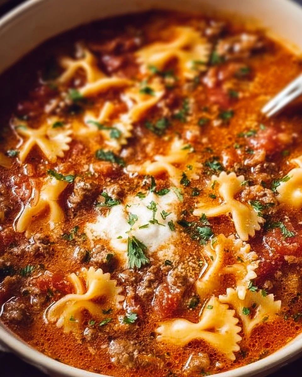 Bowl of easy lasagna soup garnished with cheese and herbs