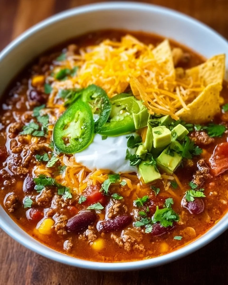 A bowl of easy taco soup garnished with cilantro and cheese