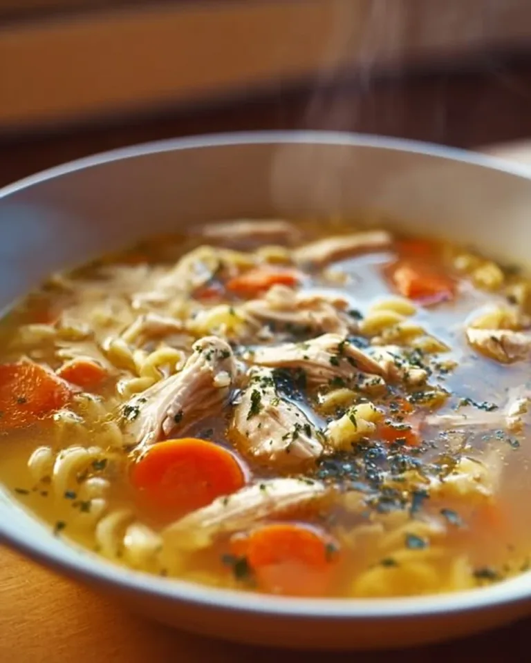 Bowl of easy turkey soup with vegetables and herbs