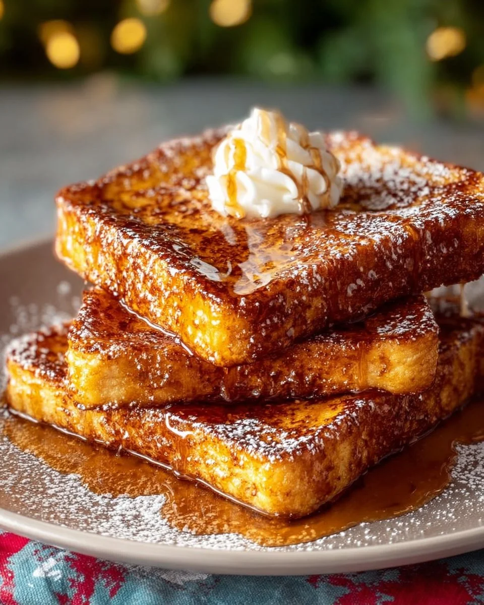 Delicious plate of festive Eggnog French Toast topped with powdered sugar and cinnamon