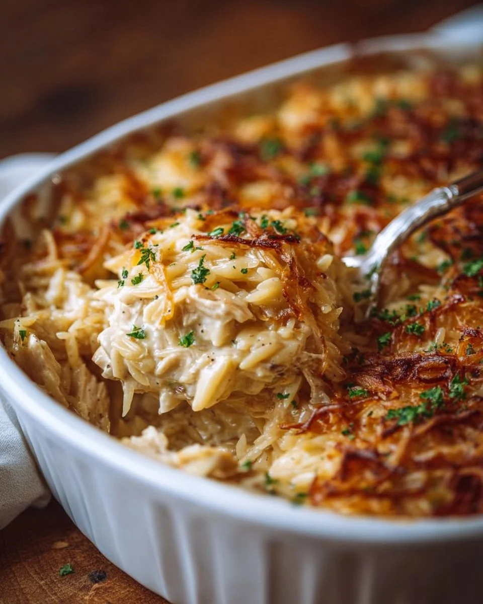 French onion chicken orzo casserole topped with melted cheese and herbs