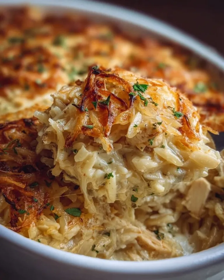 Delicious French Onion Chicken Orzo Casserole with cheese and herbs