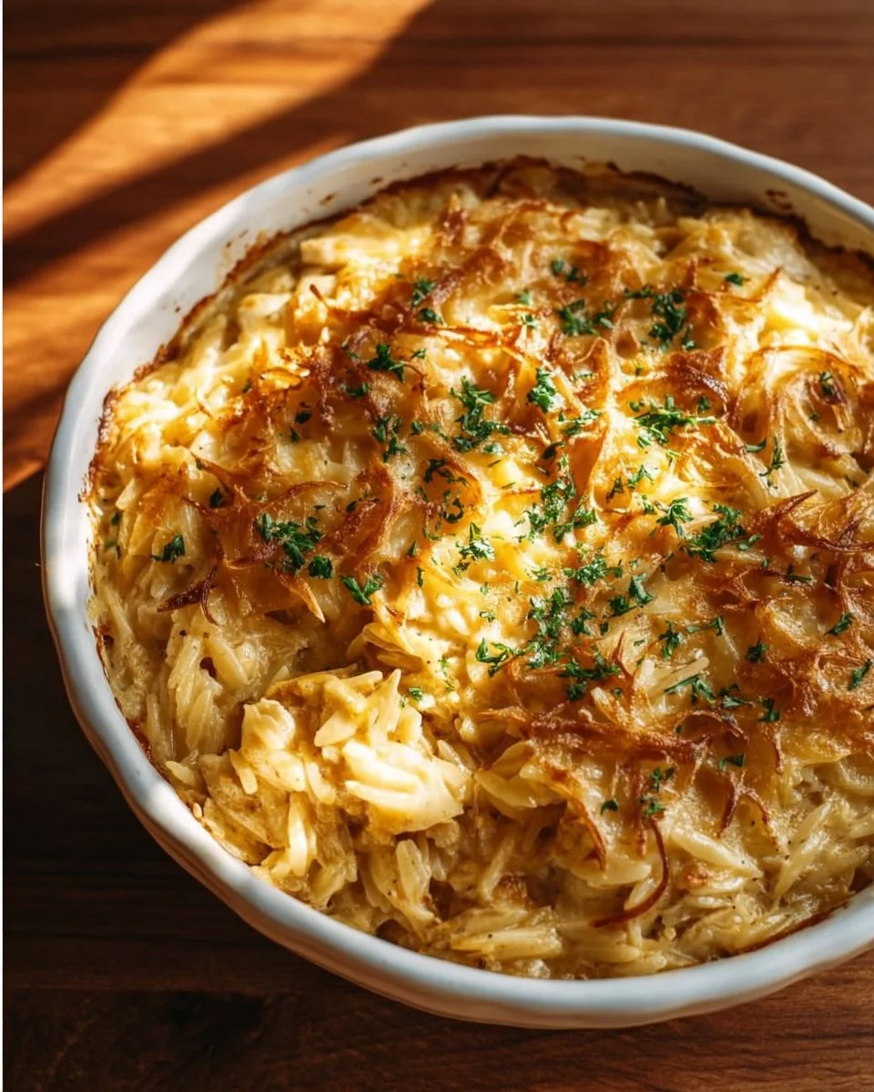 Delicious French onion chicken orzo casserole topped with melted cheese.