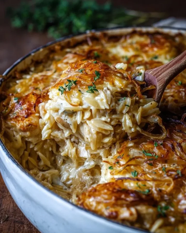 French Onion Chicken Orzo Casserole with melted cheese and herbs