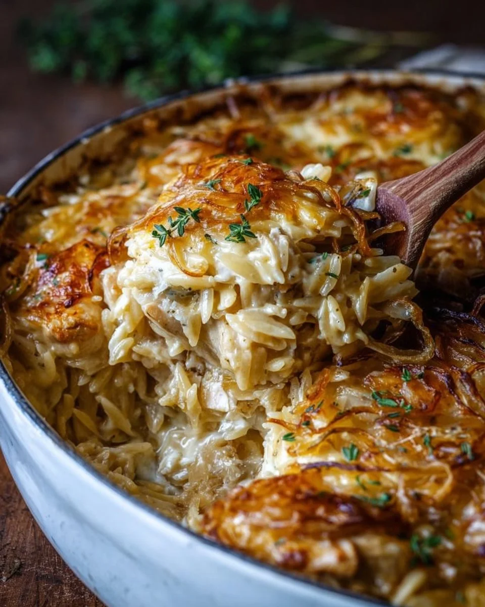 French Onion Chicken Orzo Casserole with melted cheese and herbs