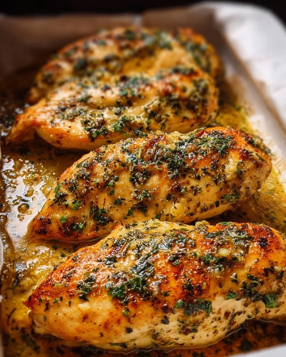 Delicious Garlic Butter Baked Chicken Breast on a plate with herbs.