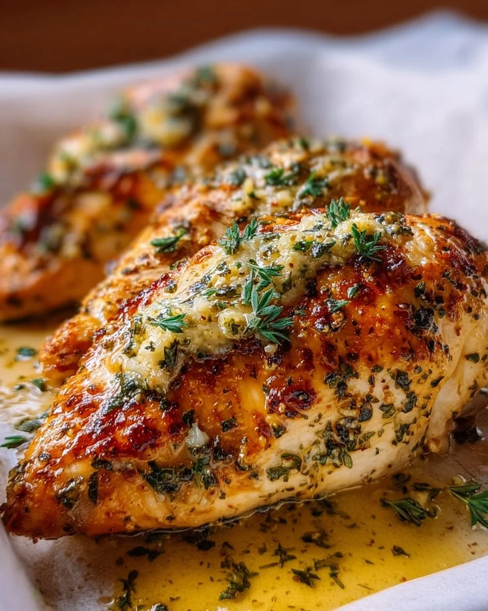 Juicy garlic butter baked chicken breast served with fresh herbs