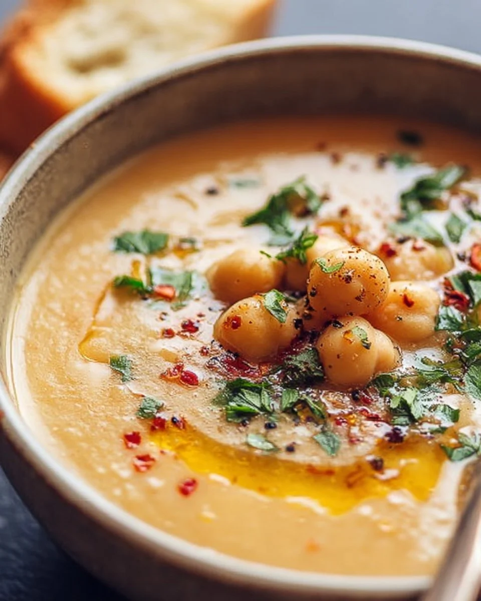 Bowl of Garlic Chickpea Soup garnished with fresh herbs and spices