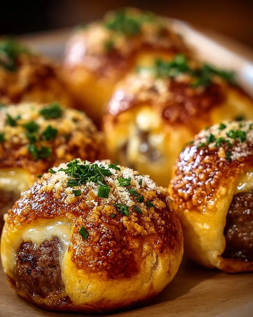 Delicious Garlic Parmesan Cheeseburger Bombs featuring melty cheese and savory garlic.