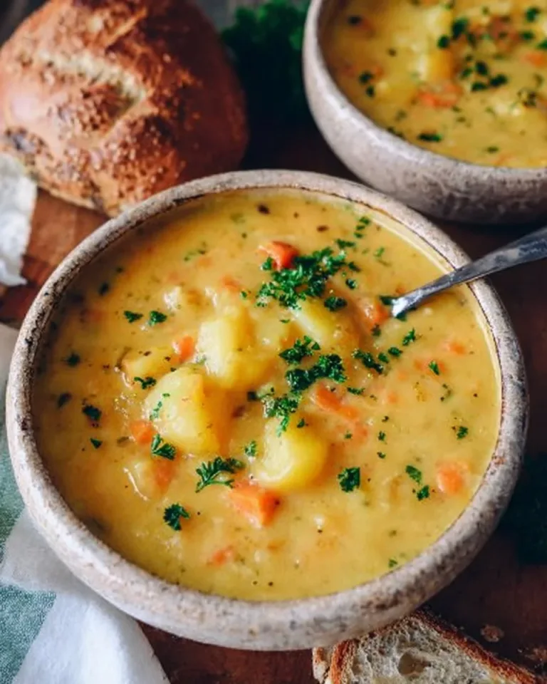 Delicious bowl of German Potato Soup garnished with herbs and bacon