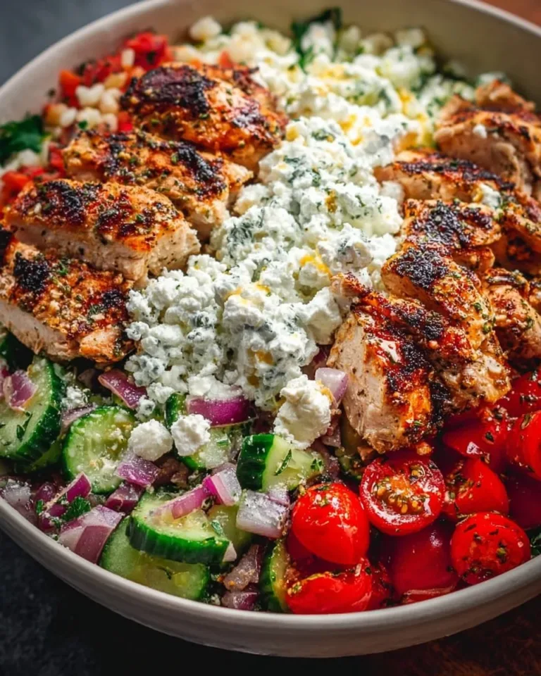 A colorful Greek Chicken Bowl featuring grilled chicken, vegetables, and yogurt sauce.