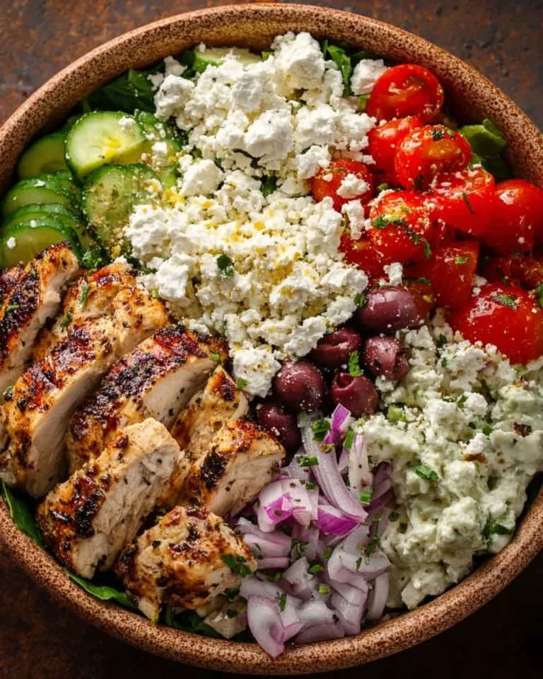 Delicious Greek chicken bowls with fresh vegetables and tzatziki sauce