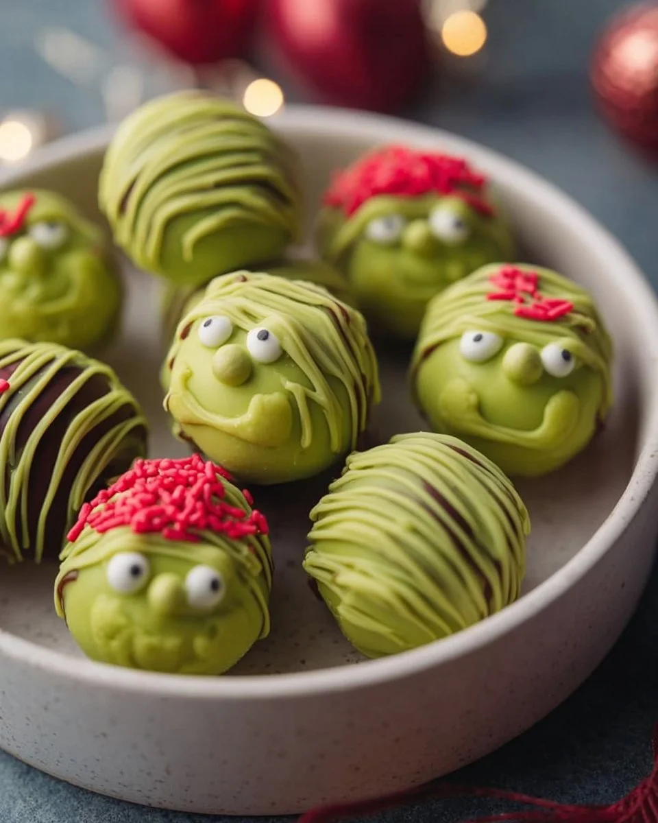 Festive Grinch Oreo Truffles decorated with holiday colors and sprinkles