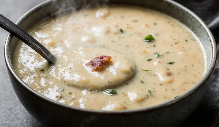 Bowl of healthy potato soup topped with fresh herbs and spices