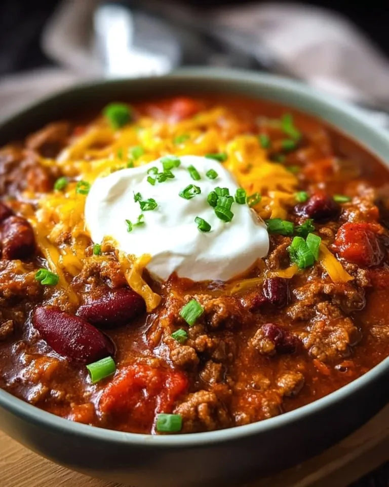 A bowl of high protein beef chili topped with green onions and cheese.