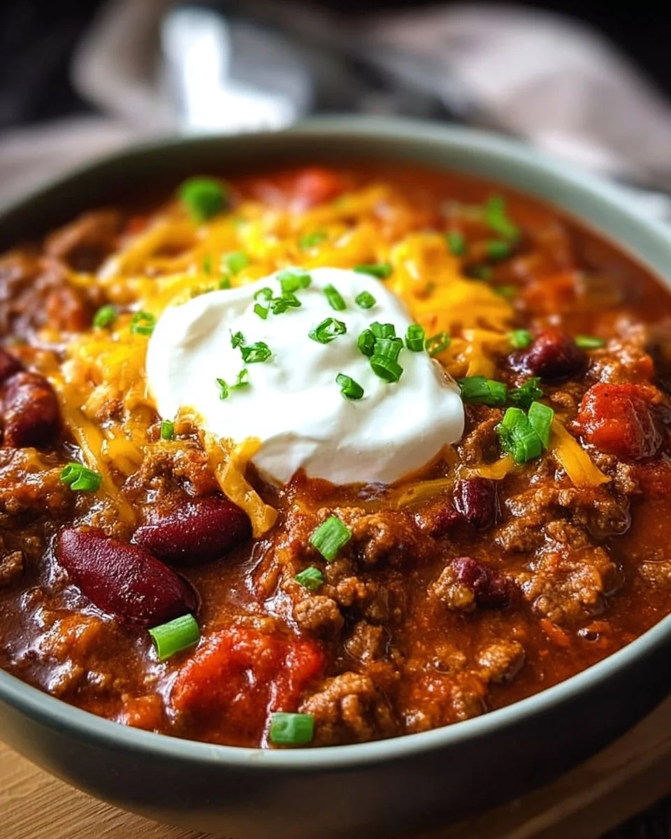 A bowl of high protein beef chili topped with green onions and cheese.