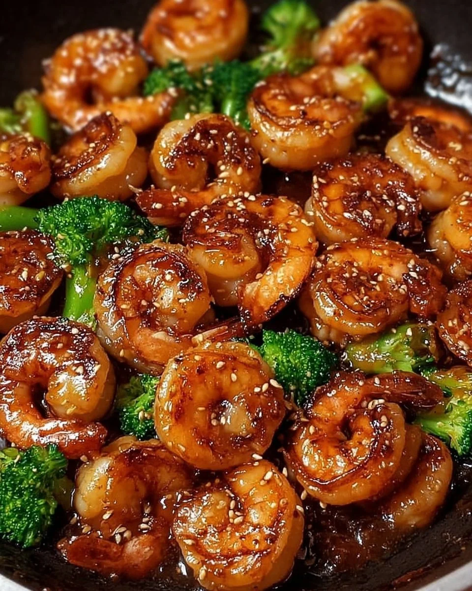 High-protein honey garlic shrimp dish garnished with green onions and sesame seeds.