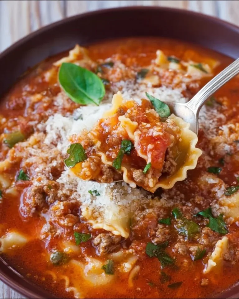 A bowl of High Protein Lasagna Soup topped with cheese and herbs.