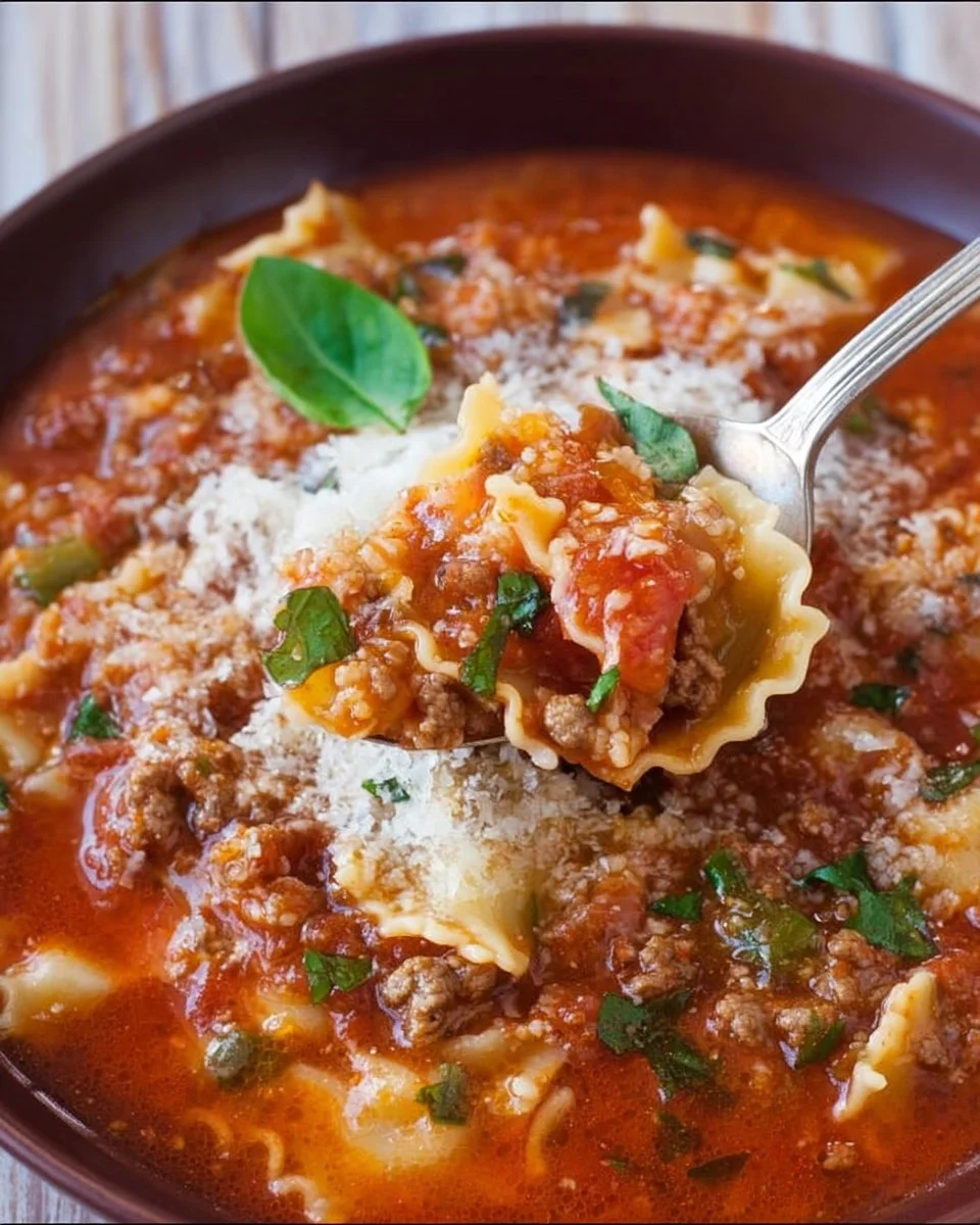A bowl of High Protein Lasagna Soup topped with cheese and herbs.