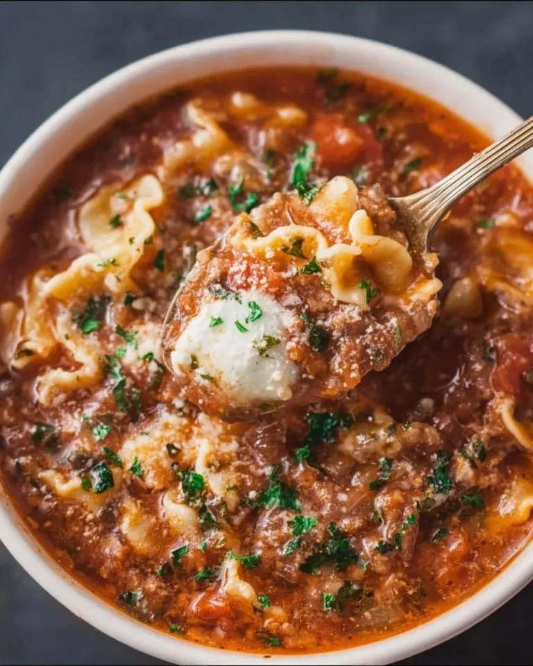 Bowl of high protein lasagna soup topped with cheese and herbs