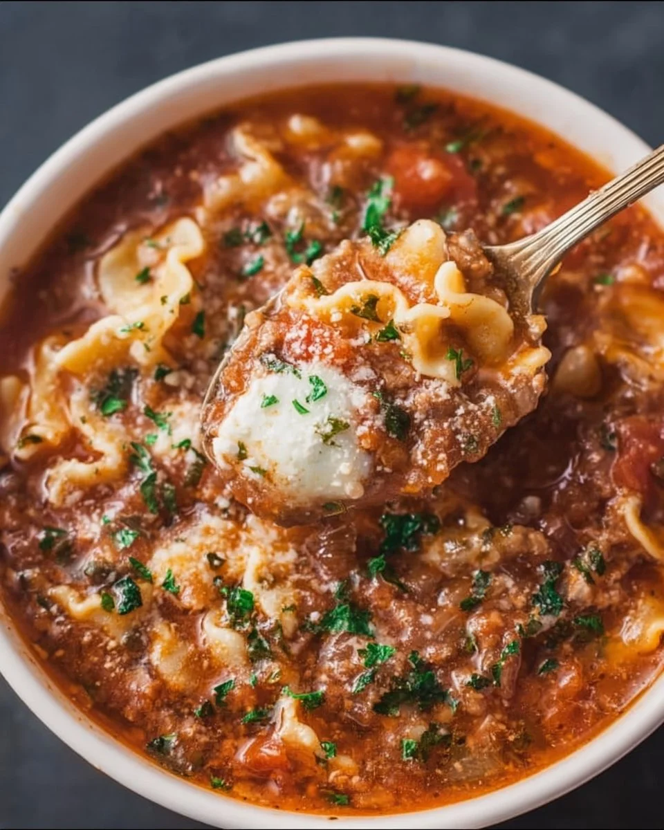 Bowl of high protein lasagna soup topped with cheese and herbs