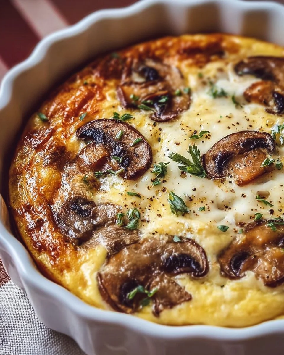 High protein mushroom swiss egg bake fresh out of the oven