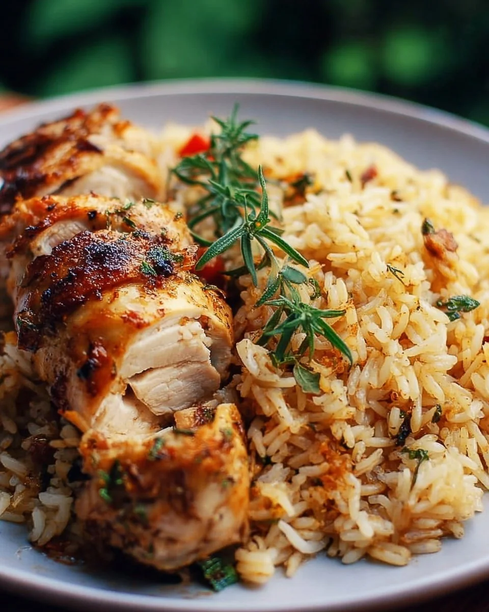 Delicious homemade baked chicken served with fluffy rice on a plate