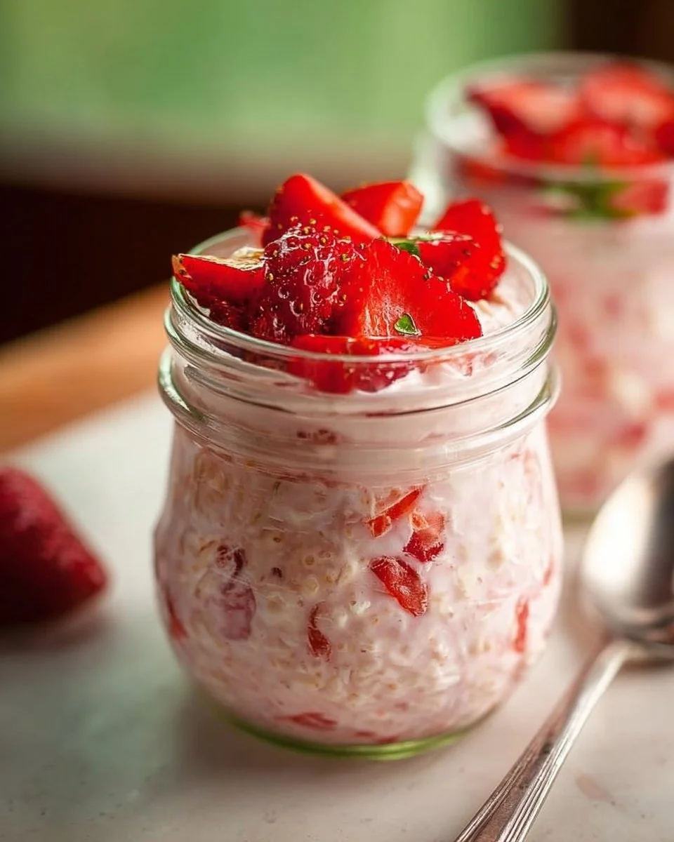 Bowl of homemade blended strawberry overnight oats topped with fresh strawberries