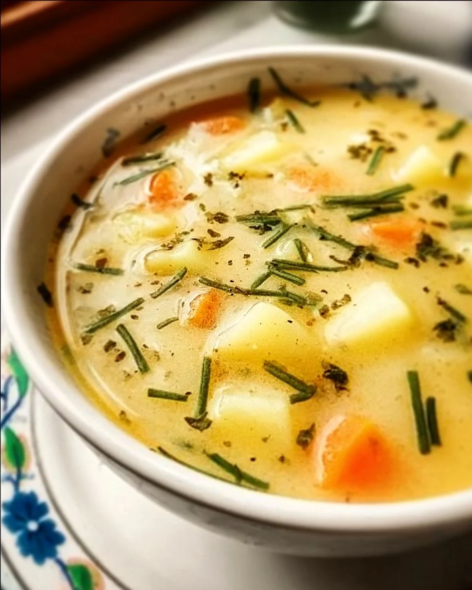 Bowl of homemade broth potato soup garnished with herbs