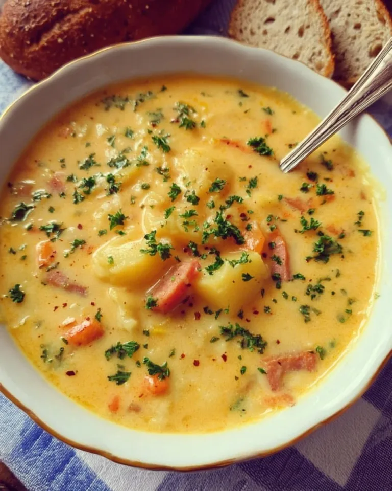 Bowl of homemade German Potato Soup with fresh herbs and potatoes