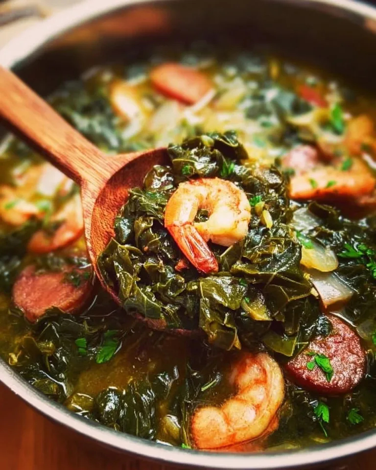 Bowl of homemade gumbo with collard greens, rice, and spices