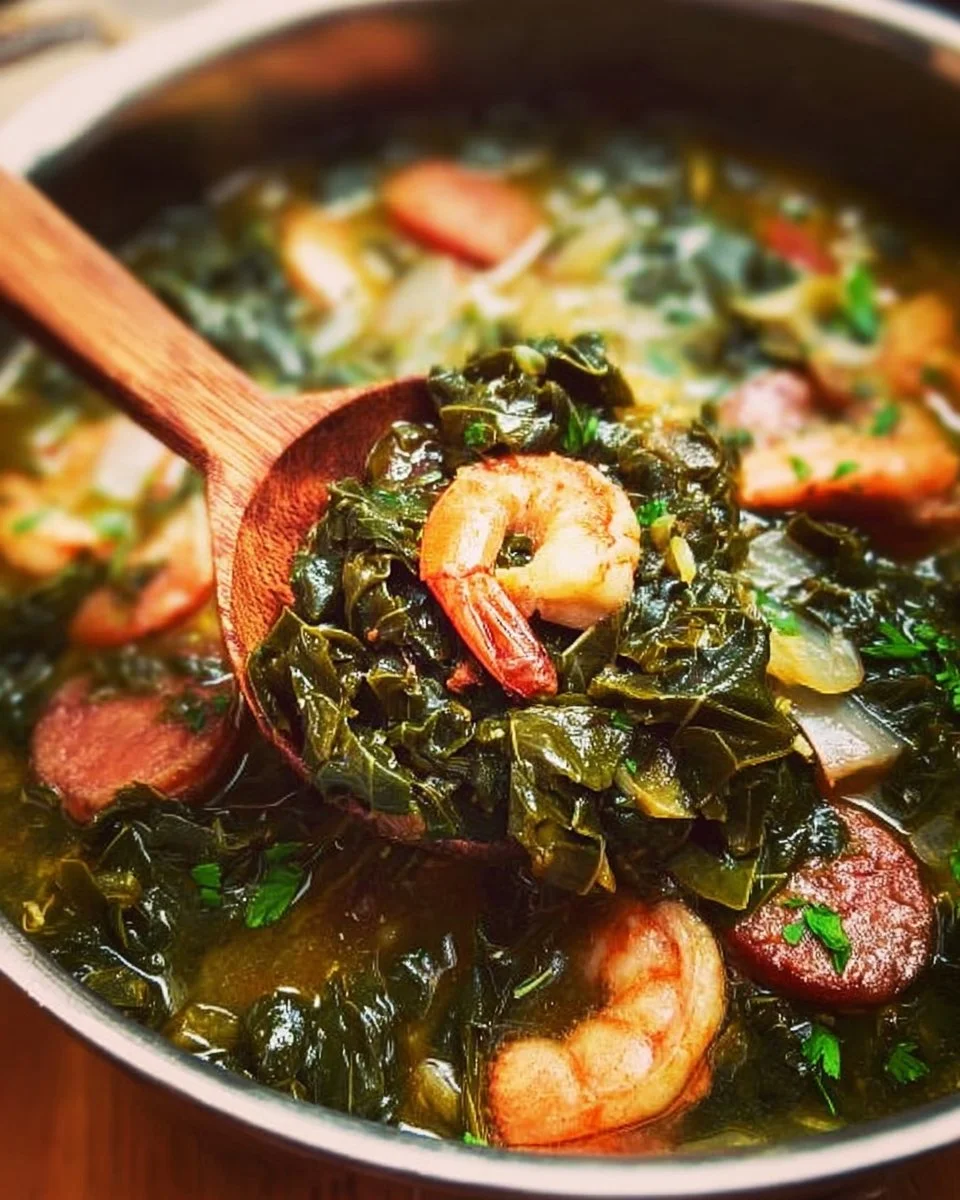 Bowl of homemade gumbo with collard greens, rice, and spices