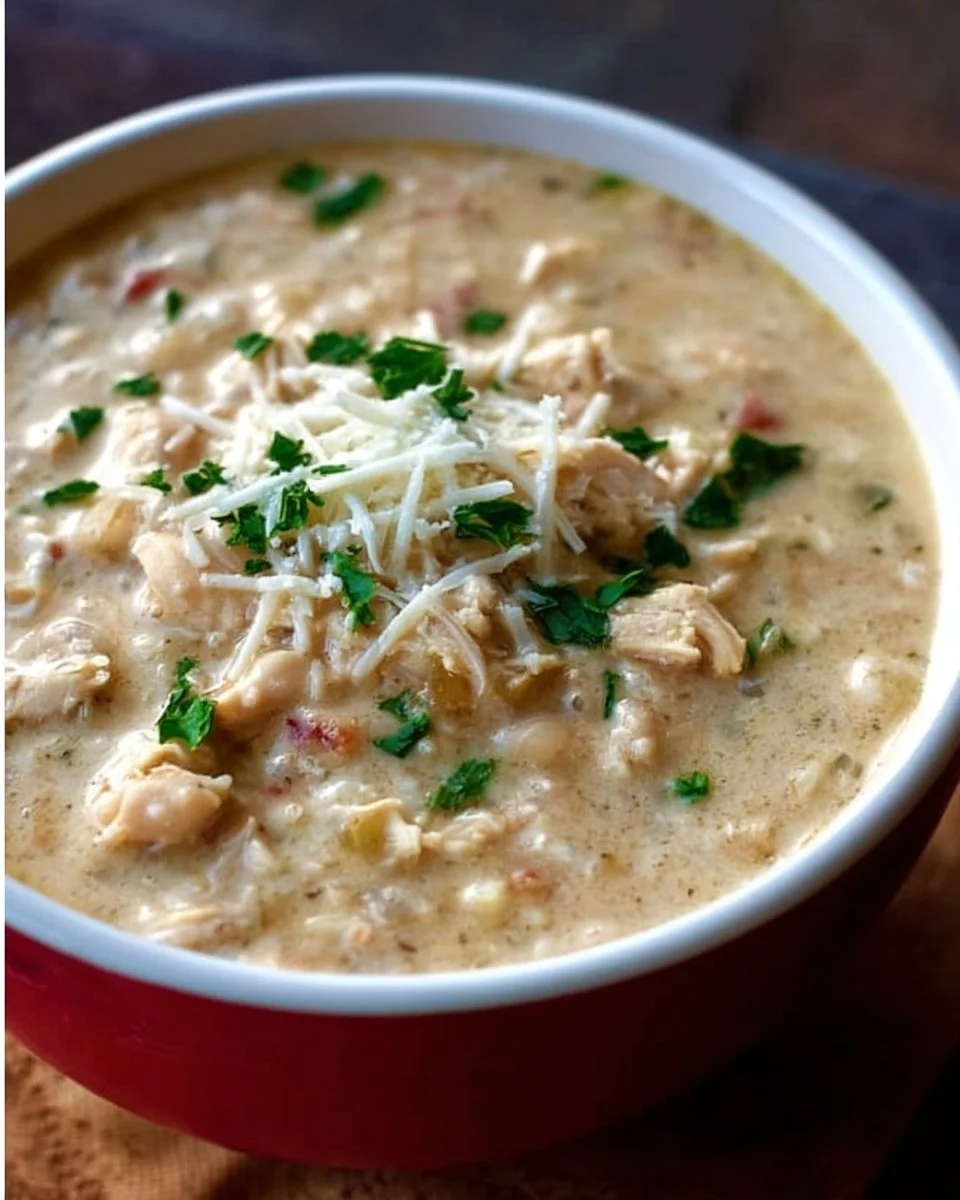 Bowl of creamy white chicken chili made in an Instant Pot with garnishes.