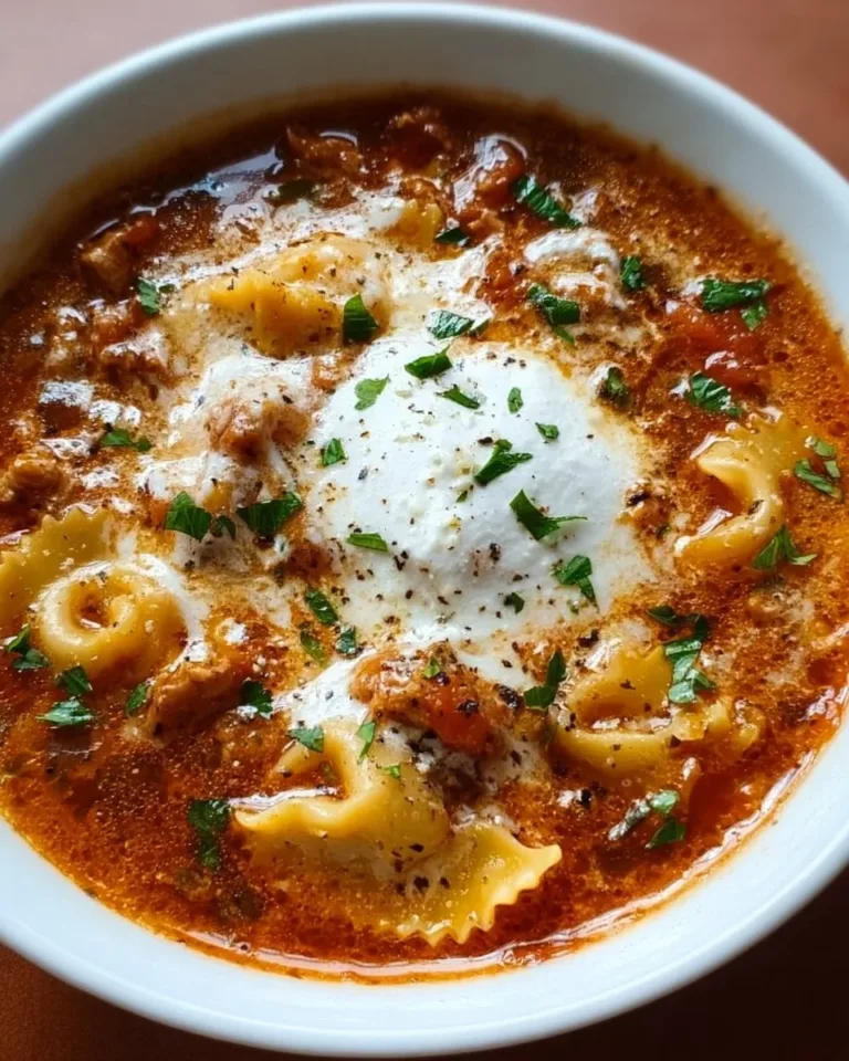 Bowl of Instant Pot lasagna soup garnished with herbs and cheese.