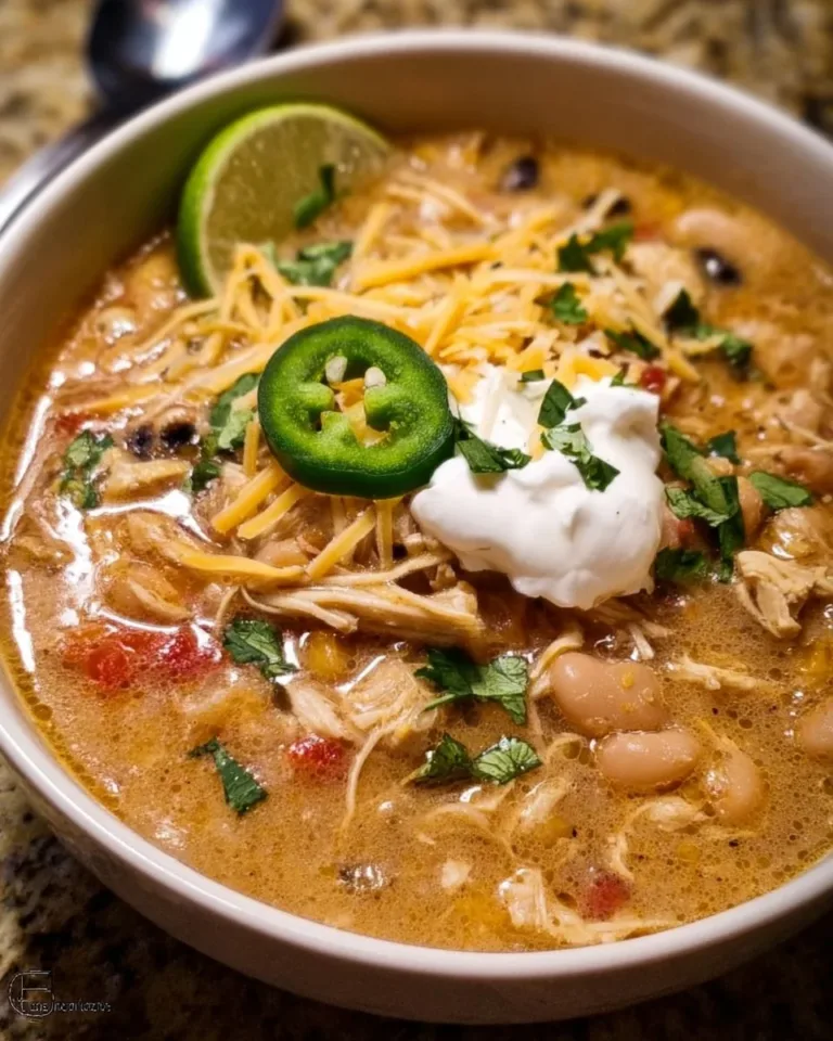 Bowl of Instant Pot white chicken chili topped with cilantro and lime