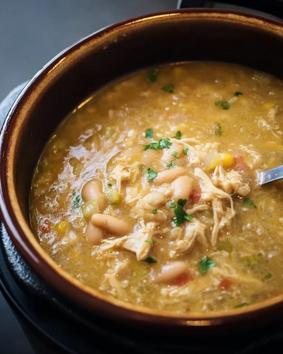 Bowl of creamy Instant Pot white chicken chili topped with cilantro