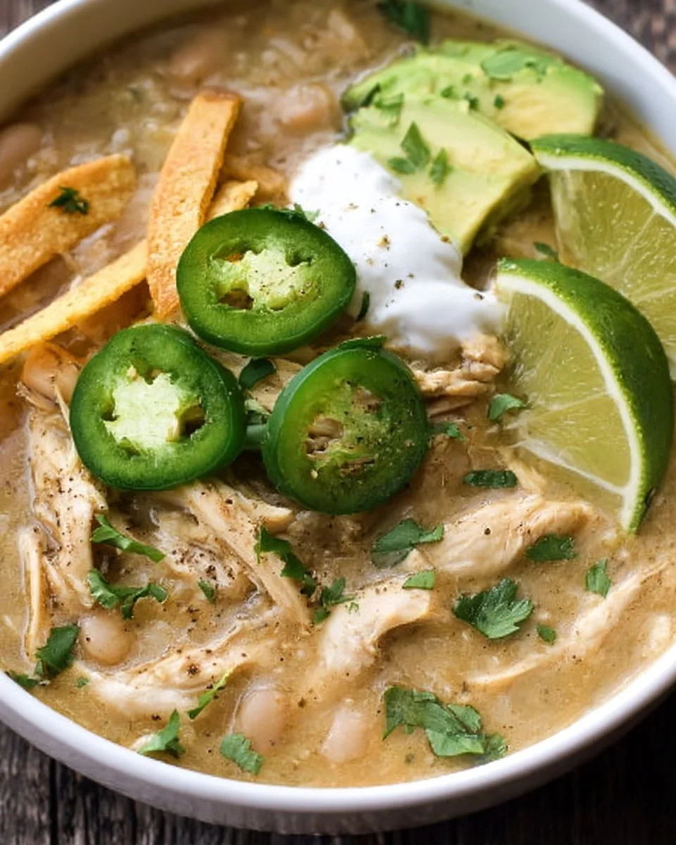 Delicious bowl of Instant Pot white chicken chili topped with cilantro and served with tortilla chips.