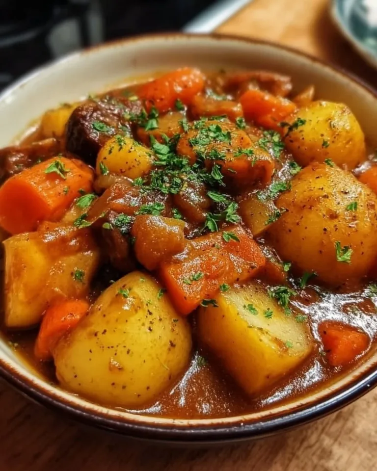 A delicious bowl of Irish Vegetarian Stew with fresh vegetables and herbs