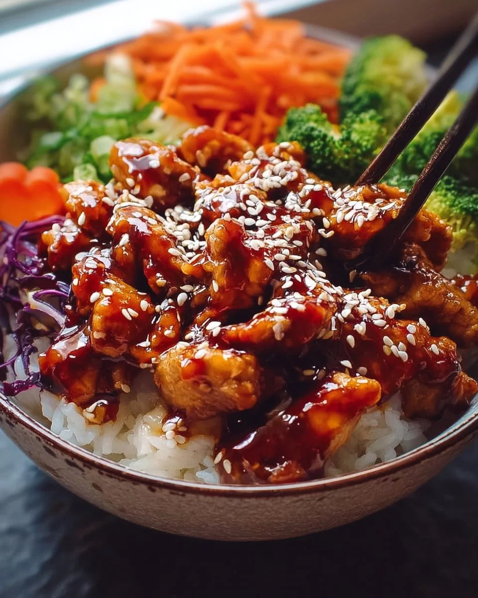 Delicious teriyaki chicken bowl topped with green onions and sesame seeds