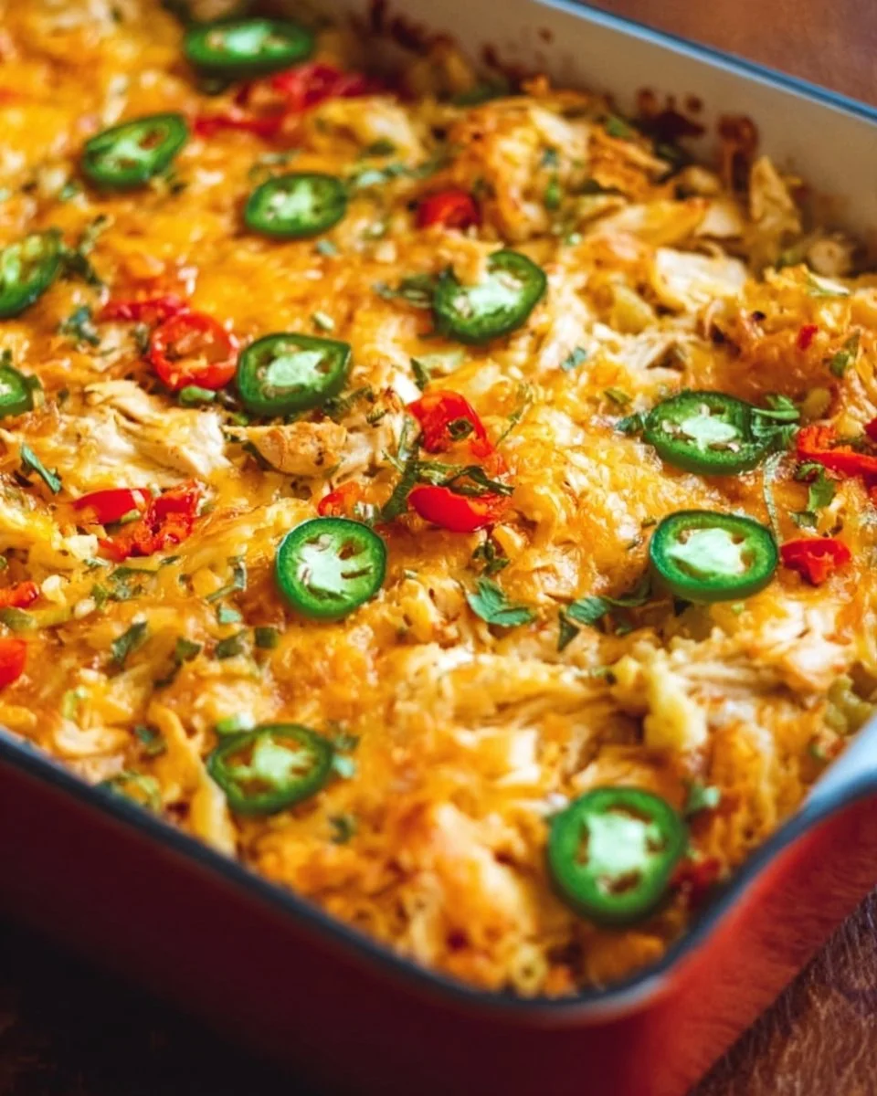 Jalapeño Buffalo Chicken Casserole topped with cheese and jalapeños