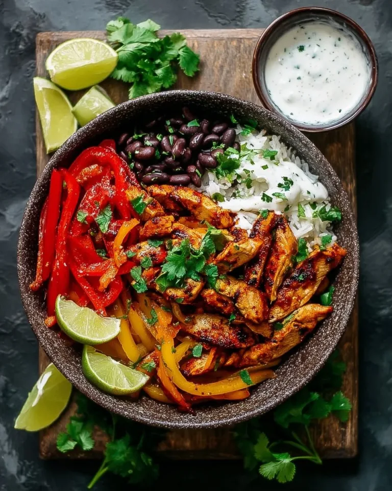 Delicious chicken fajitas bowl served with colorful veggies and spices