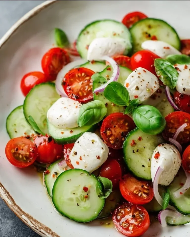 Juicy Cucumber Caprese Salad with tomatoes, basil, and mozzarella on a plate